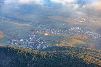 View of the town from the west with the Dionysius Chapel between clouds and mountains in the district Gleiszellen in Gleiszellen-Gleishorbach in the state Rhineland-Palatinate, Germany