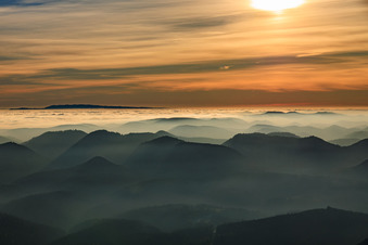 Aerial view of View towards the Black Forest across the Rhine plain in clouds in the district Schweigen in Schweigen-Rechtenbach in the state Rhineland-Palatinate, Germany
