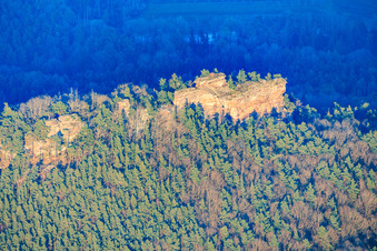 Aerial view of Ritterstein sandstone climbing rock, Rödelstein in the Palatinate Forest in Vorderweidenthal in the state Rhineland-Palatinate, Germany