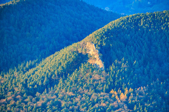 Aerial view of Rötzenfels sandstone climbing rocks in the Palatinate Forest in the district Gossersweiler in Gossersweiler-Stein in the state Rhineland-Palatinate, Germany