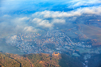 Aerial photograpy of View of the town from the west with Landeck Castle in the evening light in Klingenmünster in the state Rhineland-Palatinate, Germany