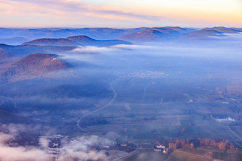 Aerial view of Low clouds over the wine route in Eschbach in the state Rhineland-Palatinate, Germany