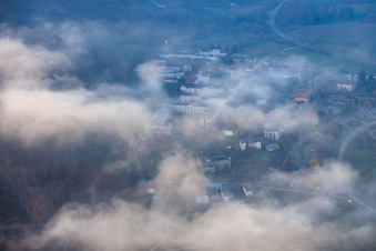 Low clouds over the Pfalzklinik Landeck in Klingenmünster in the state Rhineland-Palatinate, Germany