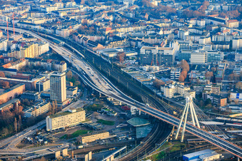 Pylon bridge over the main train station and construction site for the renovation of the elevated highway Süd (B37) in the district Süd in Ludwigshafen am Rhein in the state Rhineland-Palatinate, Germany