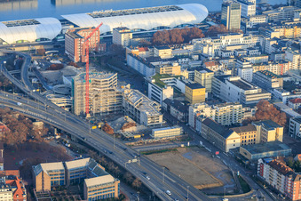 Aerial photograpy of Partially demolished former Ludwigshafen town hall in the former town hall center on the still-to-be-demolished elevated highway (B44) in the district Mitte in Ludwigshafen am Rhein in the state Rhineland-Palatinate, Germany