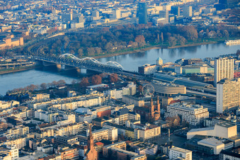 City overview from the west to the Rhine and the Konrad Adenauer Bridge in the district Mitte in Ludwigshafen am Rhein in the state Rhineland-Palatinate, Germany