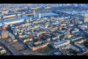 Aerial view of City overview from the west to the Rhine and the Konrad Adenauer Bridge in the district Mitte in Ludwigshafen am Rhein in the state Rhineland-Palatinate, Germany
