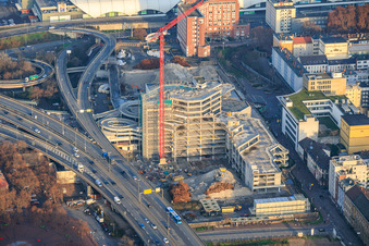 Partially demolished former Ludwigshafen town hall in the former town hall center on the still-to-be-demolished elevated highway (B44) in the district Mitte in Ludwigshafen am Rhein in the state Rhineland-Palatinate, Germany from above