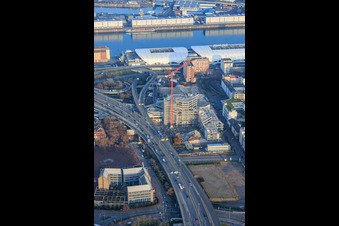 Partially demolished former Ludwigshafen town hall in the former town hall center on the still-to-be-demolished elevated highway (B44) in the district Mitte in Ludwigshafen am Rhein in the state Rhineland-Palatinate, Germany out of the air