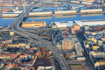 Partially demolished former Ludwigshafen town hall in the former town hall center on the still-to-be-demolished elevated highway (B44) in the district Mitte in Ludwigshafen am Rhein in the state Rhineland-Palatinate, Germany seen from above