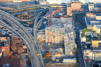 Partially demolished former Ludwigshafen town hall in the former town hall center on the still-to-be-demolished elevated highway (B44) in the district Mitte in Ludwigshafen am Rhein in the state Rhineland-Palatinate, Germany from the plane
