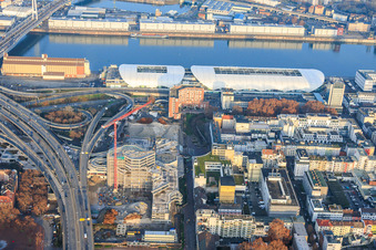 Bird's eye view of Partially demolished former Ludwigshafen town hall in the former town hall center on the still-to-be-demolished elevated highway (B44) in the district Mitte in Ludwigshafen am Rhein in the state Rhineland-Palatinate, Germany