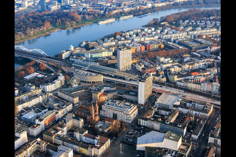 Aerial view of Large hole in Ludwigshafen and Berliner Platz with Ferris wheel at the Christmas market in front of the Apollonia Kurpfalz Clinic in the district Mitte in Ludwigshafen am Rhein in the state Rhineland-Palatinate, Germany
