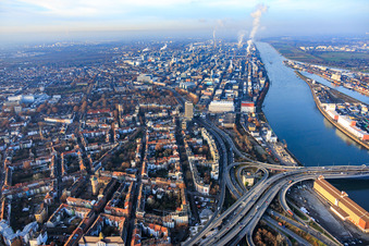 View of the district from the south in front of BASF in the district Hemshof in Ludwigshafen am Rhein in the state Rhineland-Palatinate, Germany