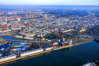 Aerial view of City view from the west between the Rhine and Neckar rivers in the district Innenstadt in Mannheim in the state Baden-Wuerttemberg, Germany