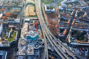Partially demolished former Ludwigshafen town hall in the former town hall center on the still-to-be-demolished elevated highway (B44) in the district Mitte in Ludwigshafen am Rhein in the state Rhineland-Palatinate, Germany from the drone perspective