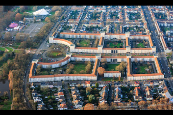 Aerial view of Ebertstraße residential complex at Ebertpark in the district Friesenheim in Ludwigshafen am Rhein in the state Rhineland-Palatinate, Germany