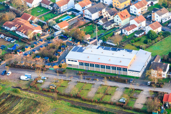 Aerial view of Christmas market at the Fuchsbachhalle in Zeiskam in the state Rhineland-Palatinate, Germany