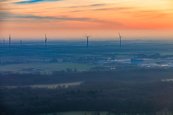 Offenbach wind farm on a foggy winter evening in Offenbach an der Queich in the state Rhineland-Palatinate, Germany