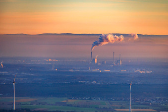 Aerial view of Rhine port steam power plant Karlsruhe seen from Offenbach on a foggy winter evening in the district Daxlanden in Karlsruhe in the state Baden-Wuerttemberg, Germany
