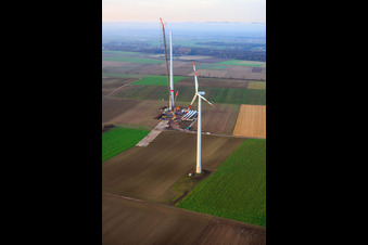 Giant crane for the repowering of the wind farm Minfeld. JUWI is replacing four old turbines (GE 1.5) from 2004 with two new, modern Vestas V162 turbines, each with six MW. in Minfeld in the state Rhineland-Palatinate, Germany seen from above