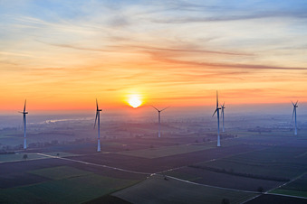 Aerial view of Sunset at the wind farm Freckenfeld in Freckenfeld in the state Rhineland-Palatinate, Germany
