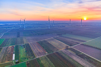 Sunset at the wind farm Freckenfeld in Freckenfeld in the state Rhineland-Palatinate, Germany out of the air