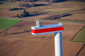 Aerial photograpy of Repowering of the wind farm Minfeld. JUWI is replacing four old turbines (GE 1.5) from 2004 with two new, modern Vestas V162 turbines, each with a capacity of six MW. in Minfeld in the state Rhineland-Palatinate, Germany