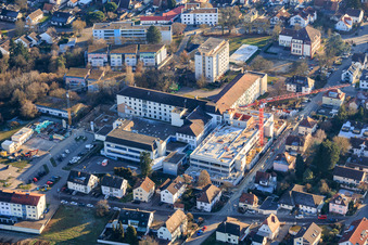 Drone recording of Construction site for the expansion of the Asklepios Südpfalzklinik Kandel in Kandel in the state Rhineland-Palatinate, Germany