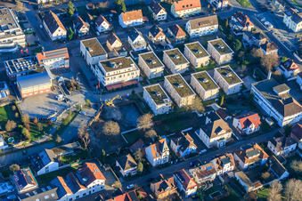 Aerial view of Construction pit for the expansion of the residential complex in the city center in Wörth am Rhein in the state Rhineland-Palatinate, Germany