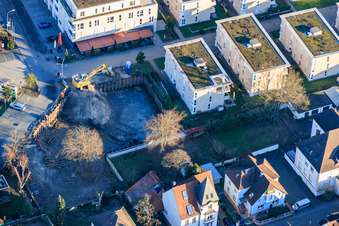 Aerial photograpy of Construction pit for the expansion of the residential complex in the city center in Wörth am Rhein in the state Rhineland-Palatinate, Germany