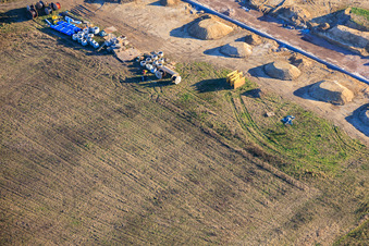 Aerial photograpy of New development area "In den Kieseläckern II" under development in Herxheimweyher in the state Rhineland-Palatinate, Germany