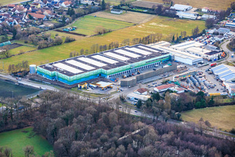 Aerial view of Almost completed new building of the logistics park by HANSAINVEST and DFI-Real-Estate Kandel for FRISCHEPLATTFORM SÜDWEST of Gemüsering Stuttgart GmbH in the district Minderslachen in Kandel in the state Rhineland-Palatinate, Germany