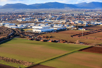 Aerial view of Vulcan Energy construction site for a lithium and geothermal energy extraction plant on the cycle path between Herxheim and Landau in Landau in der Pfalz in the state Rhineland-Palatinate, Germany