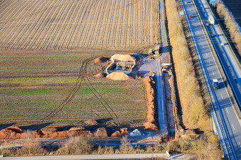 Aerial photograpy of Vulcan Energy construction site for a lithium and geothermal energy extraction plant on the cycle path between Herxheim and Landau in Landau in der Pfalz in the state Rhineland-Palatinate, Germany