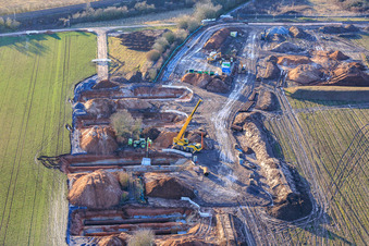 Aerial view of Vulcan Energy construction site for a lithium and geothermal energy extraction plant on the cycle path and former railway line between Herxheim and Landau in Landau in der Pfalz in the state Rhineland-Palatinate, Germany