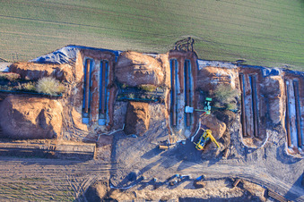 Aerial photograpy of Vulcan Energy construction site for a lithium and geothermal energy extraction plant on the cycle path and former railway line between Herxheim and Landau in Landau in der Pfalz in the state Rhineland-Palatinate, Germany