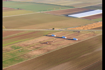 Aerial view of Mobile chicken coop for free-range eggs and the 24-hour egg vending machines at Buschhof in Offenbach an der Queich in the state Rhineland-Palatinate, Germany