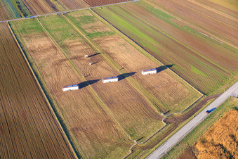 Aerial photograpy of Mobile chicken coop for free-range eggs and the 24-hour egg vending machines at Buschhof in Offenbach an der Queich in the state Rhineland-Palatinate, Germany