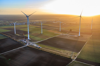 Aerial photograpy of Repowering of the Minfeld wind farm. JUWI is replacing four older turbines (GE 1.5) from 2004 with two new, modern Vestas V162 turbines, each with a capacity of six MW. in Kandel in the state Rhineland-Palatinate, Germany