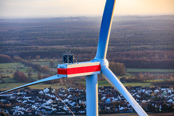 Repowering of the Minfeld wind farm. JUWI is replacing four older turbines (GE 1.5) from 2004 with two new, modern Vestas V162 turbines, each with a capacity of six MW. in Kandel in the state Rhineland-Palatinate, Germany from above