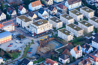 Aerial photograpy of Construction pit for the expansion of the residential complex in the city center in Kandel in the state Rhineland-Palatinate, Germany