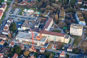 Construction site for the expansion of the Asklepios Südpfalzklinik Kandel in Kandel in the state Rhineland-Palatinate, Germany from the drone perspective