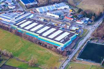Aerial photograpy of Almost completed new building of the logistics park by HANSAINVEST and DFI-Real-Estate Kandel for FRISCHEPLATTFORM SÜDWEST of Gemüsering Stuttgart GmbH in the district Minderslachen in Kandel in the state Rhineland-Palatinate, Germany