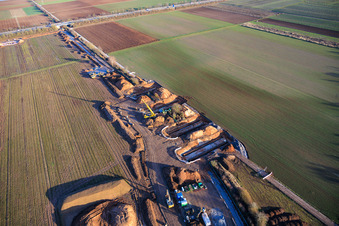 Vulcan Energy construction site for a lithium and geothermal energy extraction plant on the cycle path and former railway line between Herxheim and Landau in Landau in der Pfalz in the state Rhineland-Palatinate, Germany from above