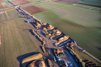 Vulcan Energy construction site for a lithium and geothermal energy extraction plant on the cycle path between Herxheim and Landau in Landau in der Pfalz in the state Rhineland-Palatinate, Germany from above