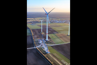 Repowering of the Minfeld wind farm. JUWI is replacing four older turbines (GE 1.5) from 2004 with two new, modern Vestas V162 turbines, each with a capacity of six MW. in Kandel in the state Rhineland-Palatinate, Germany from the plane