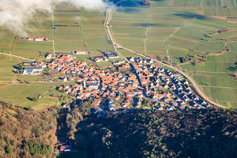 Winegrowing village under clouds from the west in Eschbach in the state Rhineland-Palatinate, Germany