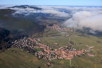 Winegrowing village under clouds from the south in Frankweiler in the state Rhineland-Palatinate, Germany