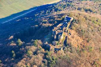 Aerial view of Madenburg castle ruins from the north in Eschbach in the state Rhineland-Palatinate, Germany